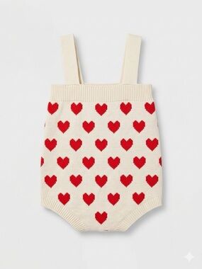 Cat & Jack Cream Knit Romper with Red Heart Pattern 3-6 months